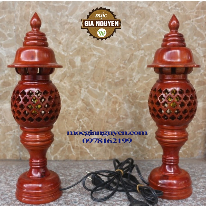 Bộ đèn thờ gỗ cao cấp loại to cao 41cm Hàng cao cấp