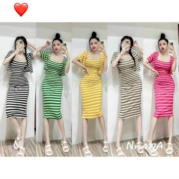 set đầm 2 dây sọc màu sắc kèm áo khoác tay ngắn cùng màu kiểu cực đẹp