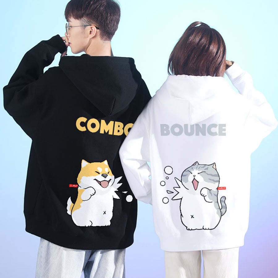 Áo Khoác đôi Hoodie Nam Nữ  Nỉ Bông Form Rộng Unisex Ullzang In Hình Cún và Mèo ngộ nghĩnh