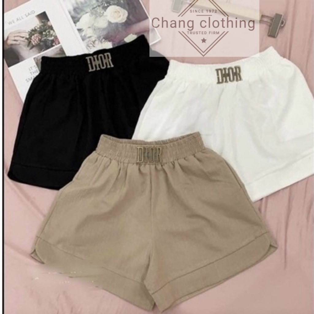 Quần sooc ống rộng nữ lưng cao cạp thun chun logo vải đũi mềm mặc thể thao Quần short nữ mặc nhà cạp kiểu dáng bigsize