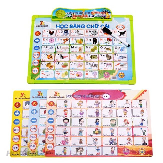 Bảng chữ cái điện tử babyoovn gồm 5 tờ 11 chủ đề, bảng chữ thông minh giúp bé phát triển nghe nói (tặng pin kèm theo)