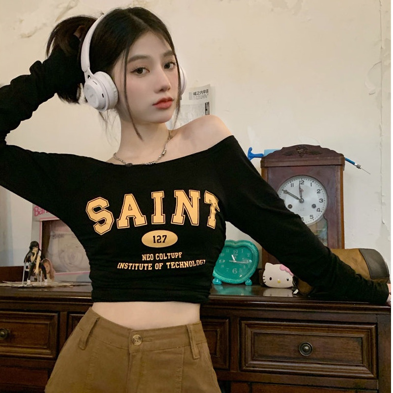 Áo Thun Tay Dài Lệch Vai Màu Trắng Phong Cách Cổ Điển Thời Trang Mùa Hè Xinh Xắn Cho Nữ