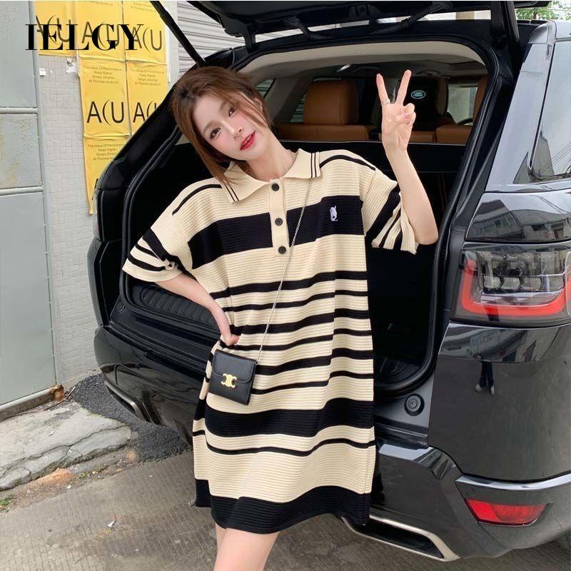 Đầm thun dệt kim IELGY thiết kế cổ polo phối họa tiết kẻ sọc trẻ trung thời trang cho nữ