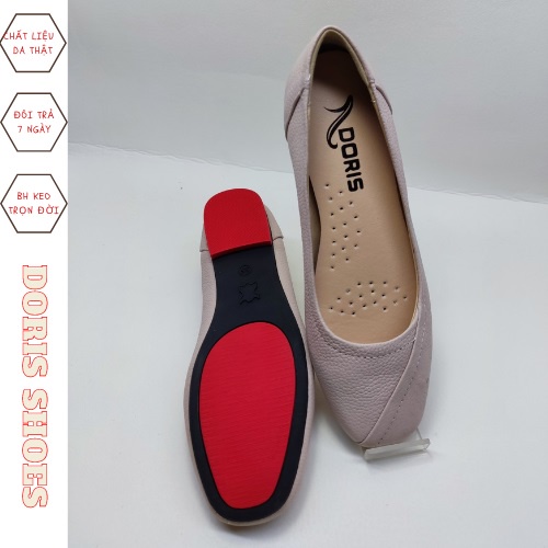 Giày búp bê đế bệt ❤️FREESHIP❤️ da thật mũi vuông có viền màu hồng DORIS DR003