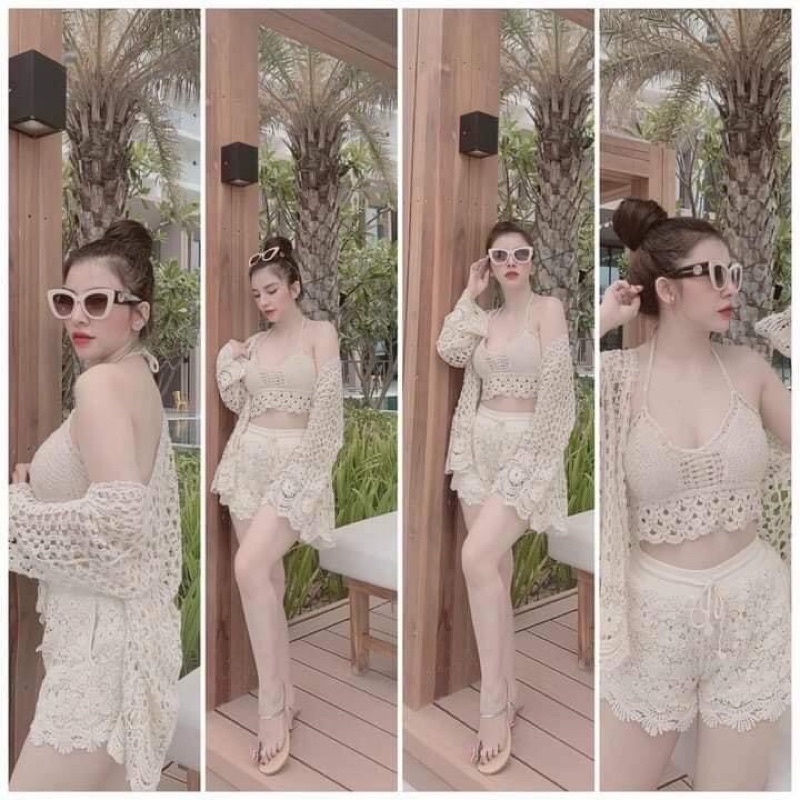 Bikini đồ bơi nữ đi biển len đồng xu mix quần len đai thun