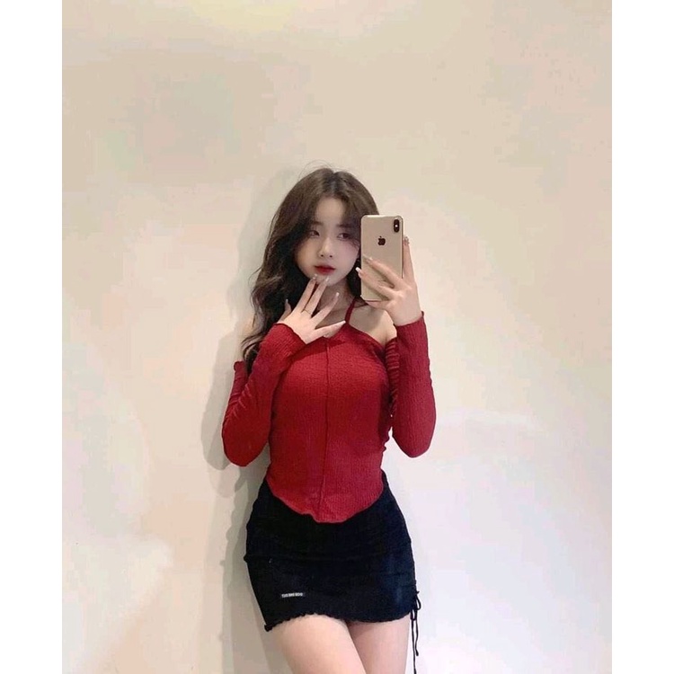 Áo kiểu rớt vai chất vải xốp co giãn 4 chiều cam kết hàng y hình