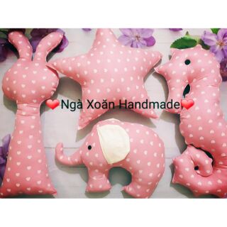 Bộ thú nhồi bông cá ngựa, ngôi sao, thỏ, voi bằng vải trái tim hồng.
