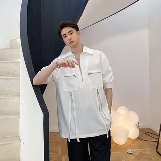 ÁO SƠ MI TRẮNG ĐEN UNISEX PHỐI DÂY KÉO MR SMILE 99 SHOP