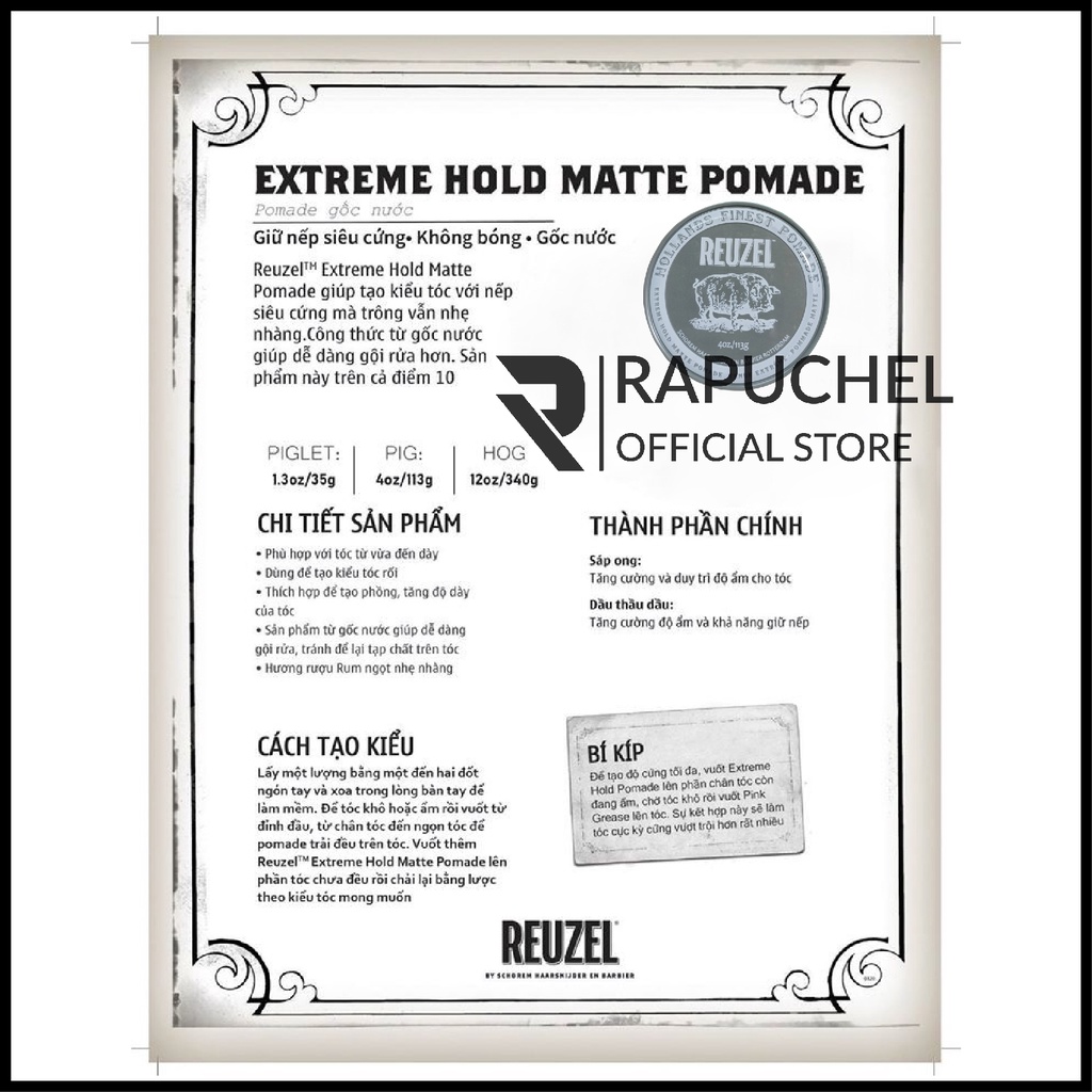 Sáp vuốt tóc nam pomade Reuzel Extreme Hold Matte xám chính hãng giữ nếp cao cấp Rapuchel Store RH01