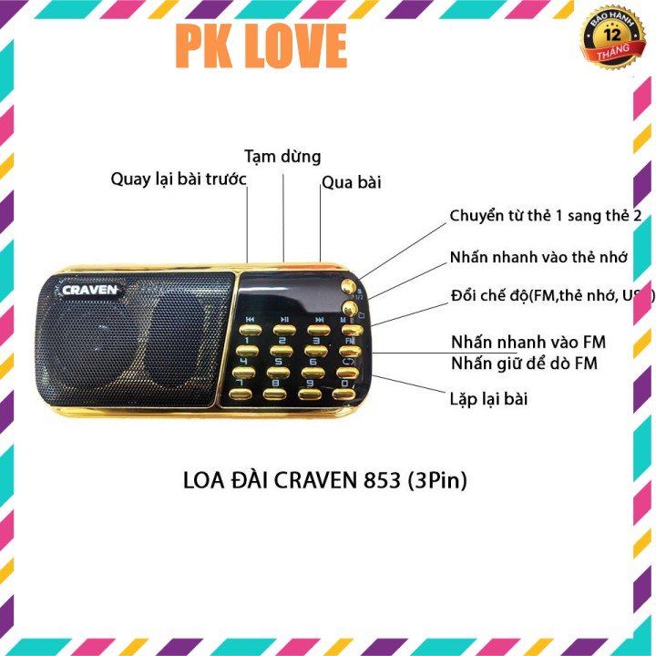 Loa CRAVEN CR-853, Đài FM, Máy nghe pháp, Có khe cắm thẻ nhớ, 3 Pin siêu khỏe - BH 12 tháng