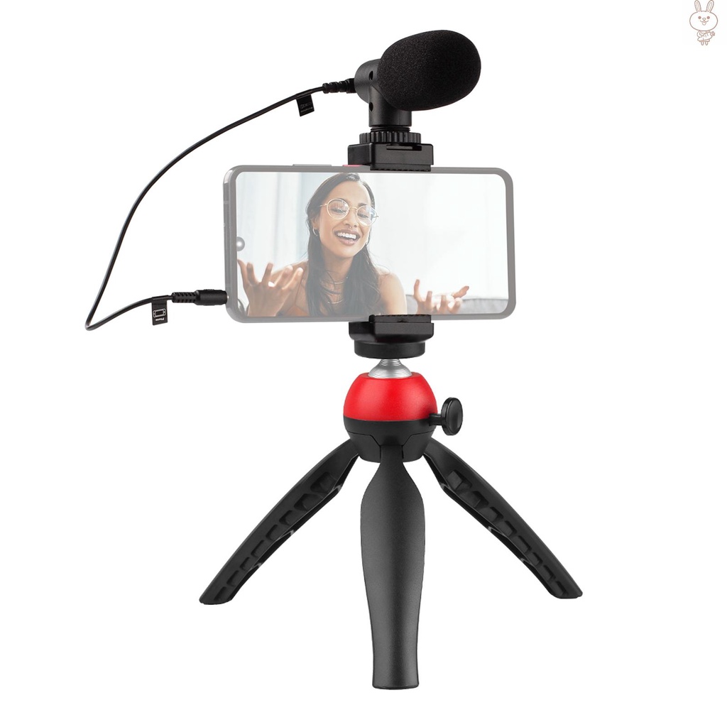 OL Portable Smartphone Video Kit Phone Video Rig with Cardioid Microphone + Adjustable Phone Holder + Mini Desktop Ballhead Tripod for Phone Vlog Video Recording Live Streaming