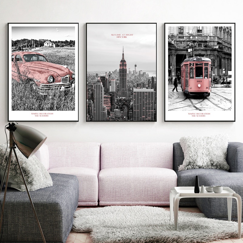 Mới Tranh Vải Bạt In Hình Xe Buýt New York Phong Cách Bắc Âu Trang Trí Phòng Khách Không Kèm Khung