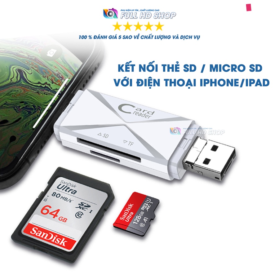 Đầu Đọc Thẻ Nhớ iPhone, Android, Máy tính - Hỗ trợ thẻ SD/Micro SD - Cổng USB/Lightning/Micro USB - Full HD Shop Mã HD12