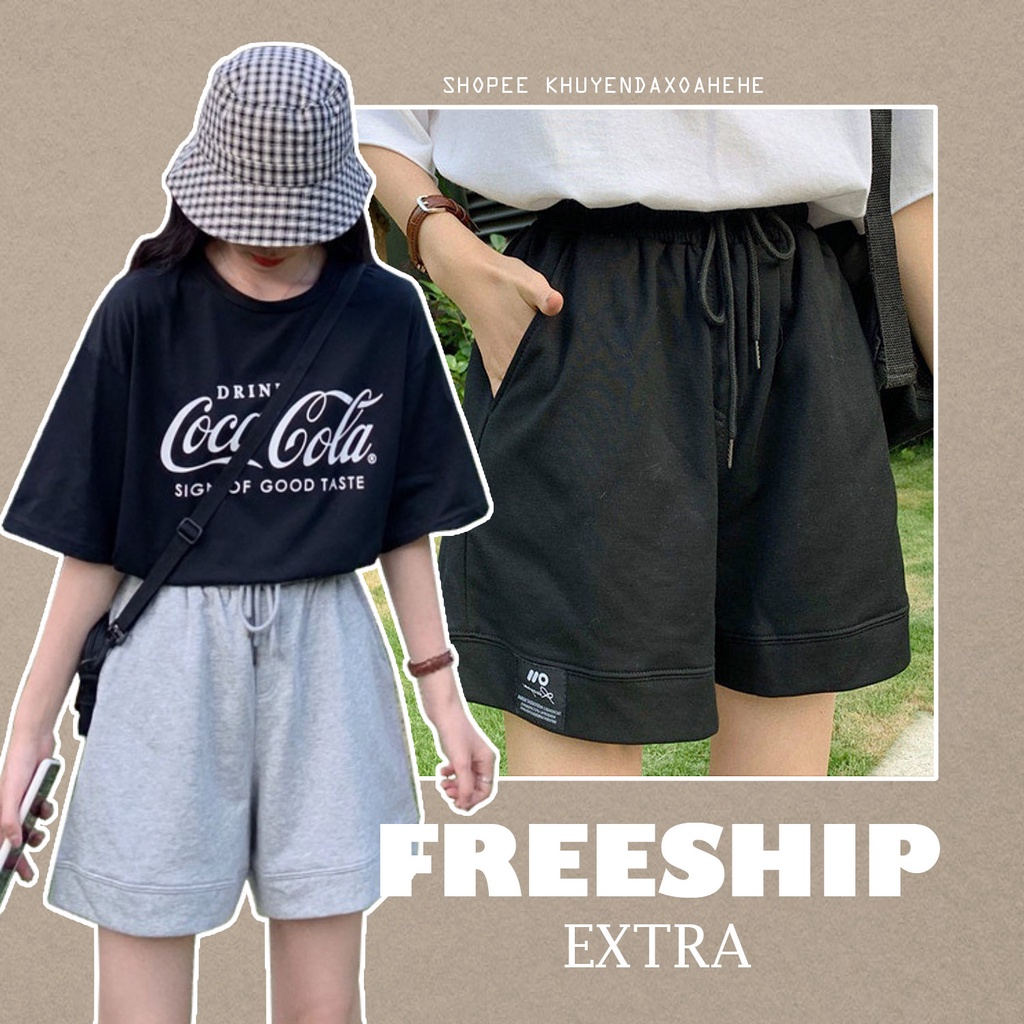 SUQ001 Quần sooc đùi ngắn dây rút đen xám nam nữ ống rộng Ulzzang Quần short dải Unisex cạp chun đẹp Hàn Quốc cute teen