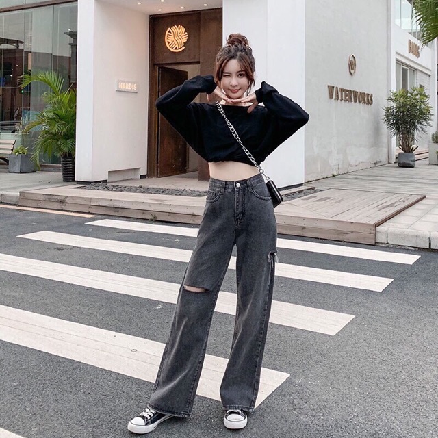 Quần baggy jeans ống rộng lưng cao rách gối | BigBuy360 - bigbuy360.vn