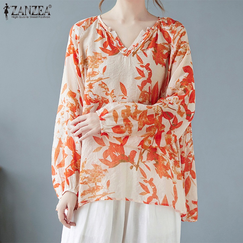 Áo dáng dài ZANZEA dáng rộng tay dài cổ chữ V cổ tay co giãn in họa tiết vintage thời trang cho nữ