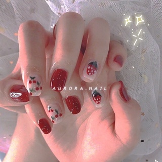 (MUA 5 TẶNG 1) Set 24 móng giả đỏ thẫm dâu tây xinh xắn lên tay cực trắng da tặng dũa (có ảnh thật)