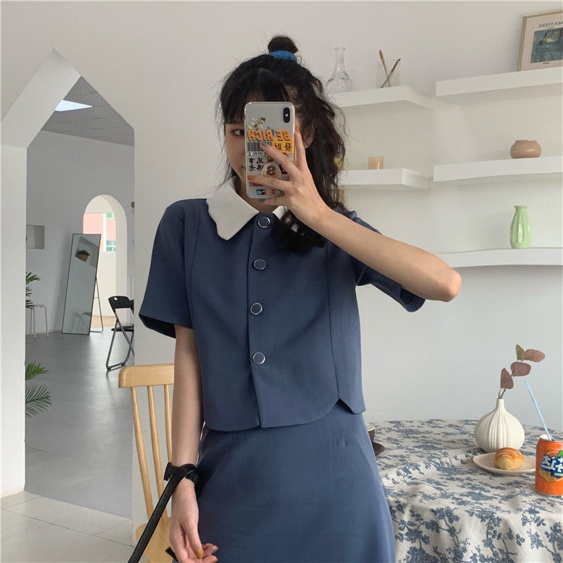 Bộ áo sơ mi lửng tay ngắn + chân váy lưng cao thời trang mùa hè cho nữ | BigBuy360 - bigbuy360.vn