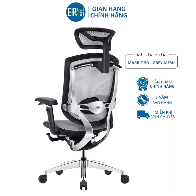 Ghế Ergonomic Công Thái Học Marrit Lưới Xám 5D - Chế độ ngả 135 độ - Điều chỉnh linh hoạt