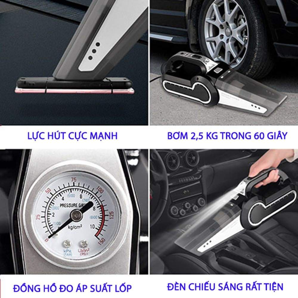 Máy hút bụi cầm tay mini kèm bơm lốp ô tô đa năng 4 trong 1 - hút bụi, bơm hơi, đo áp suất lốp siêu tiện lợi