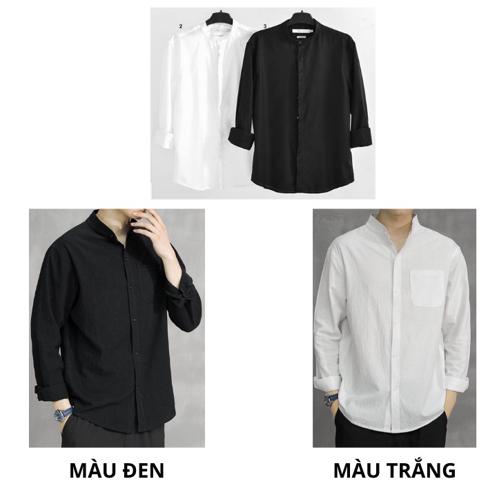 Áo sơ mi nam form rộng Cổ Trụ Cổ Tàu tay dài màu Trắng,Đen chuẩn form Hàn Quốc vải lụa mềm mịn SMD03