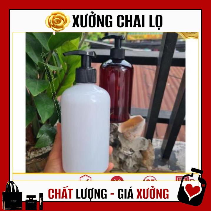 Chai Chiết Mĩ Phẩm ❤ TOP GIÁ RẺ ❤ Chai nhựa pet vòi nhấn sữa tắm Nâu/Trắng Lùn 500ml , phụ kiện du lịch