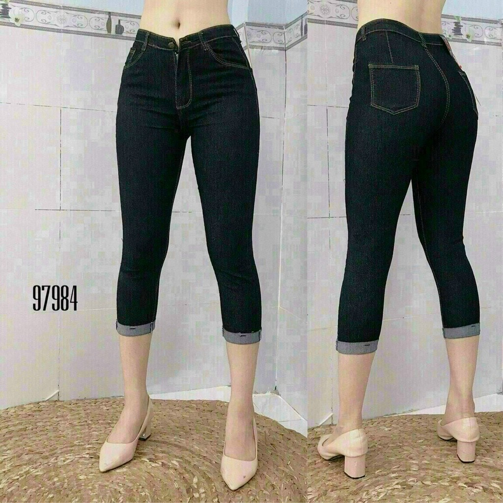 Quần jean nữ 9 tấc co giãn mạnh lưng cao màu đen vải jean giấy mềm mịn có size đại