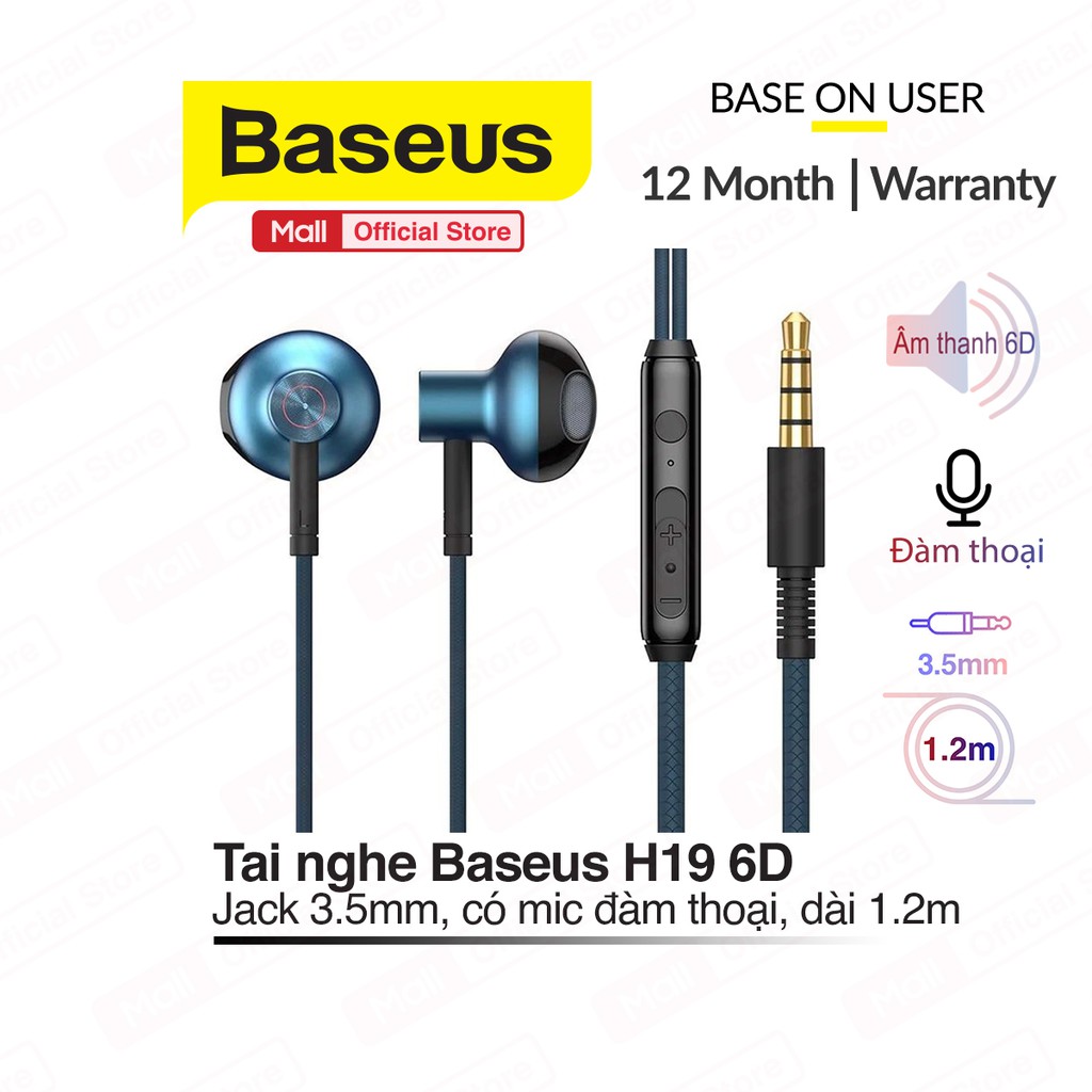 Tai nghe nhét tai Baseus H19 âm thanh 6D, cổng cắm 3.5mm, mic đàm thoại, phím tắt chỉnh âm lượng, nhựa ABS, dài 120cm