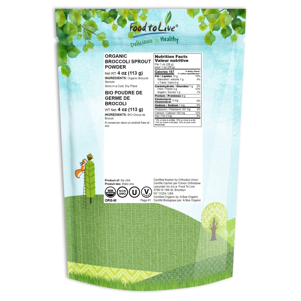 Bột mầm bông cải xanh hữu cơ Food to Live Organic Broccoli Sprout Powder 113g