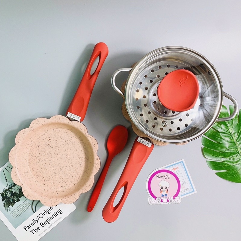 Bộ nồi chảo chống dính đá cao cấp kèm xửng hấp hình hoa cho bé ăn dặm