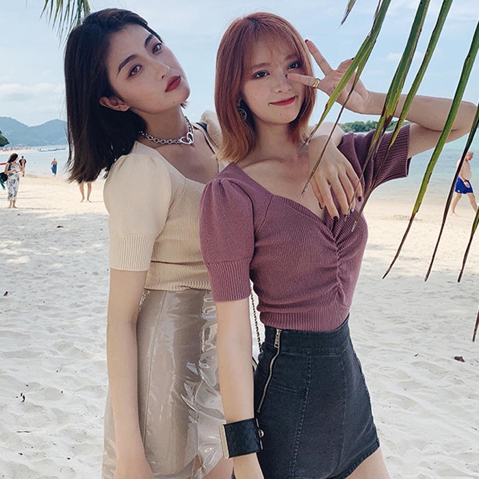 Áo vải dệt nhún ngực màu trơn thời trang cho nữ