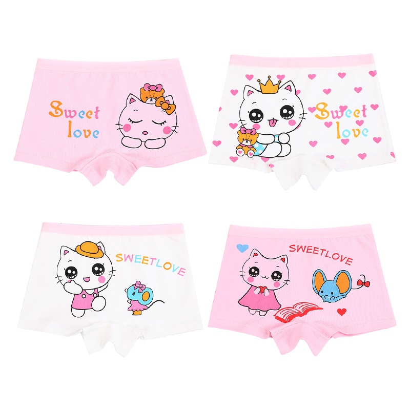 Bộ 4 Quần Lót Boxer Cotton In Họa Tiết Hoạt Hình Cho Bé Gái 1-13 Tuổi