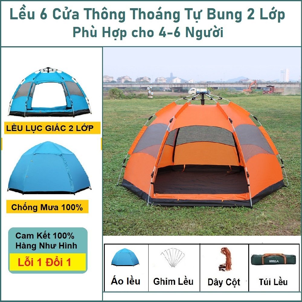 Liều cắm trại tự bung chống nước cho 4-5 người - Lều dã ngoại du lịch 2 cửa 2 lớp thông thoáng, chống muỗi và tia bức xạ