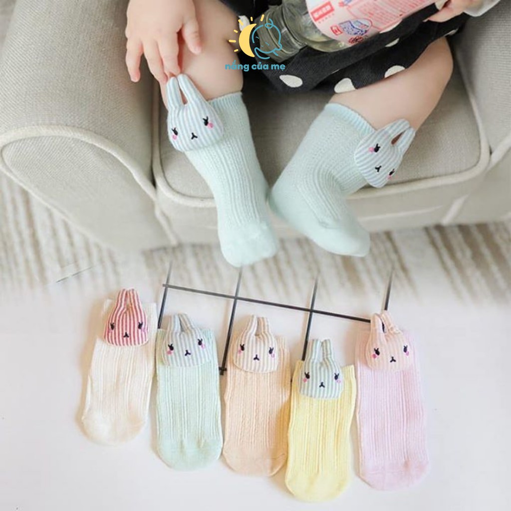 Hộp 4 đôi tất vớ dáng dài cho bé sơ sinh chất cotton mềm mại, họa tiết thỏ bông xinh xắn- Nắng Của Mẹ_THO