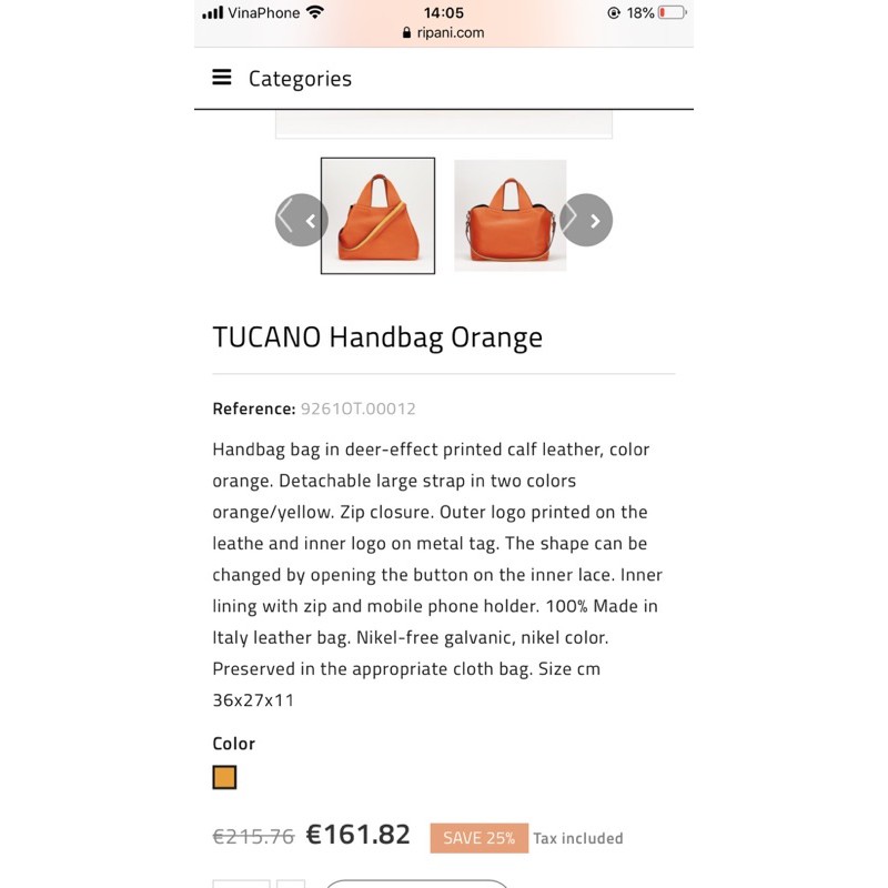 👜  Túi cầm tay, đeo chéo da thật màu cam hiệu Tucano