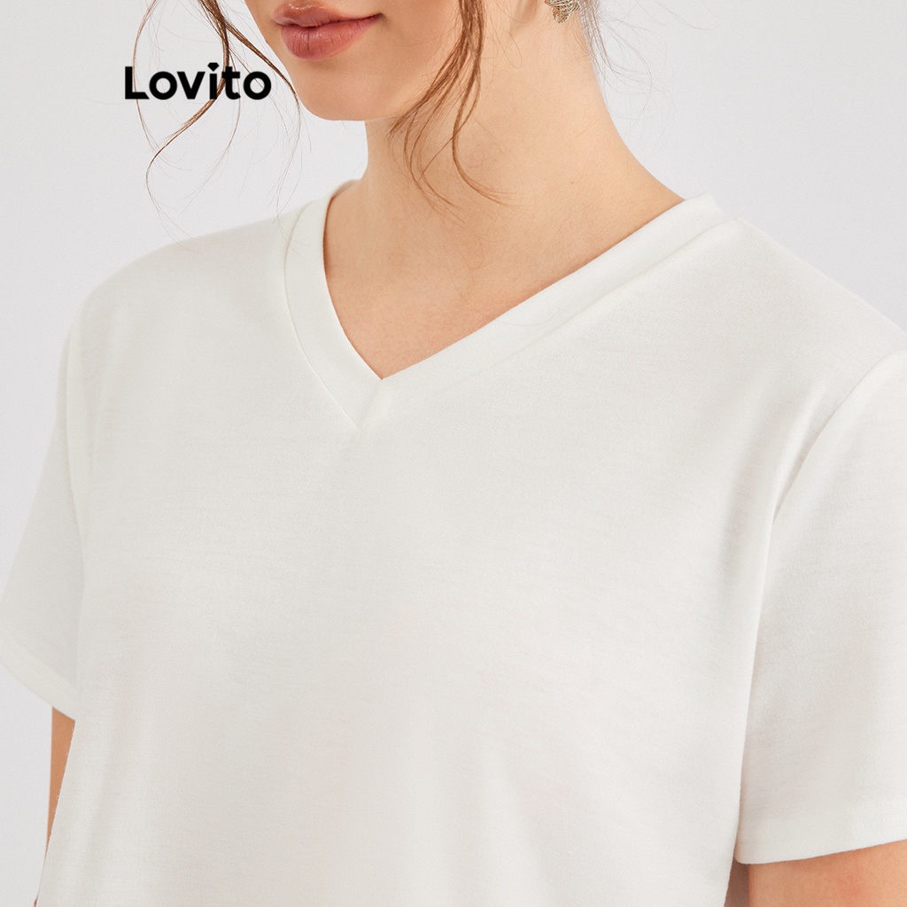 Lovito Áo phông cổ chữ V cơ bản thông thường L30ED004 (Trắng)