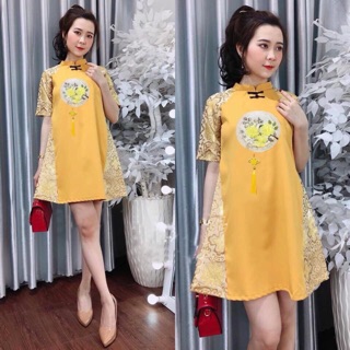 Áo dài cách tân hoa cát tường đón tết bigsize 55kg-90kg