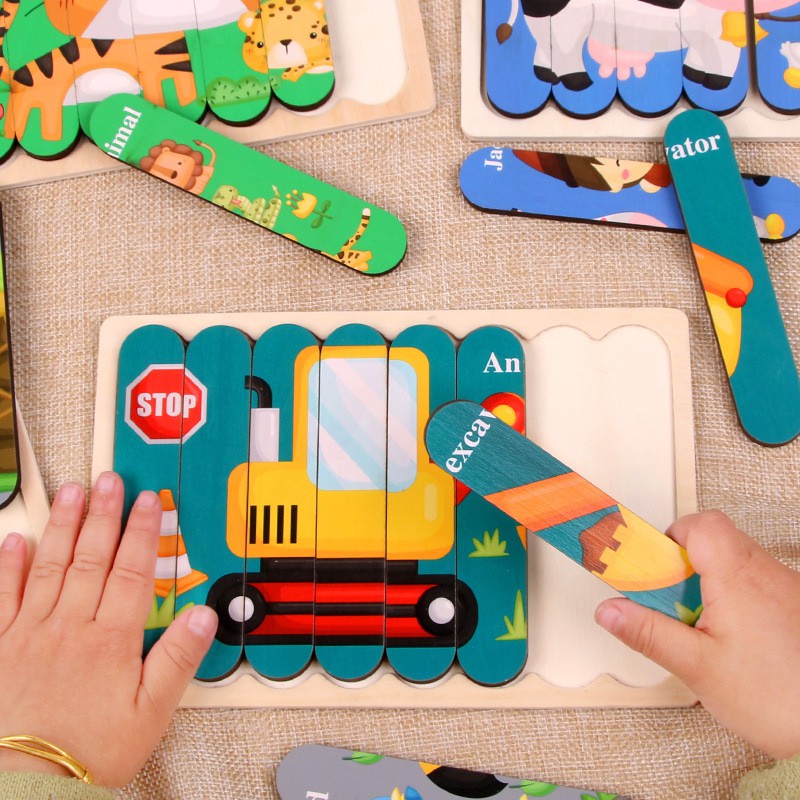 Ghép hình gỗ hình que kem 2 mặt BeThongMinh - Đồ chơi tranh ghép gỗ 3D nhiều chủ đề giáo dục Montessori giúp bé sáng tạo