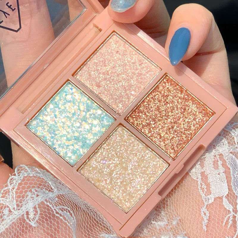 Bảng Phấn Mắt Bóng Lưu vực 4-color eyeshadow palette net celebrity with the same sequins student cheap glitter sparkling pearl earth color girly ins