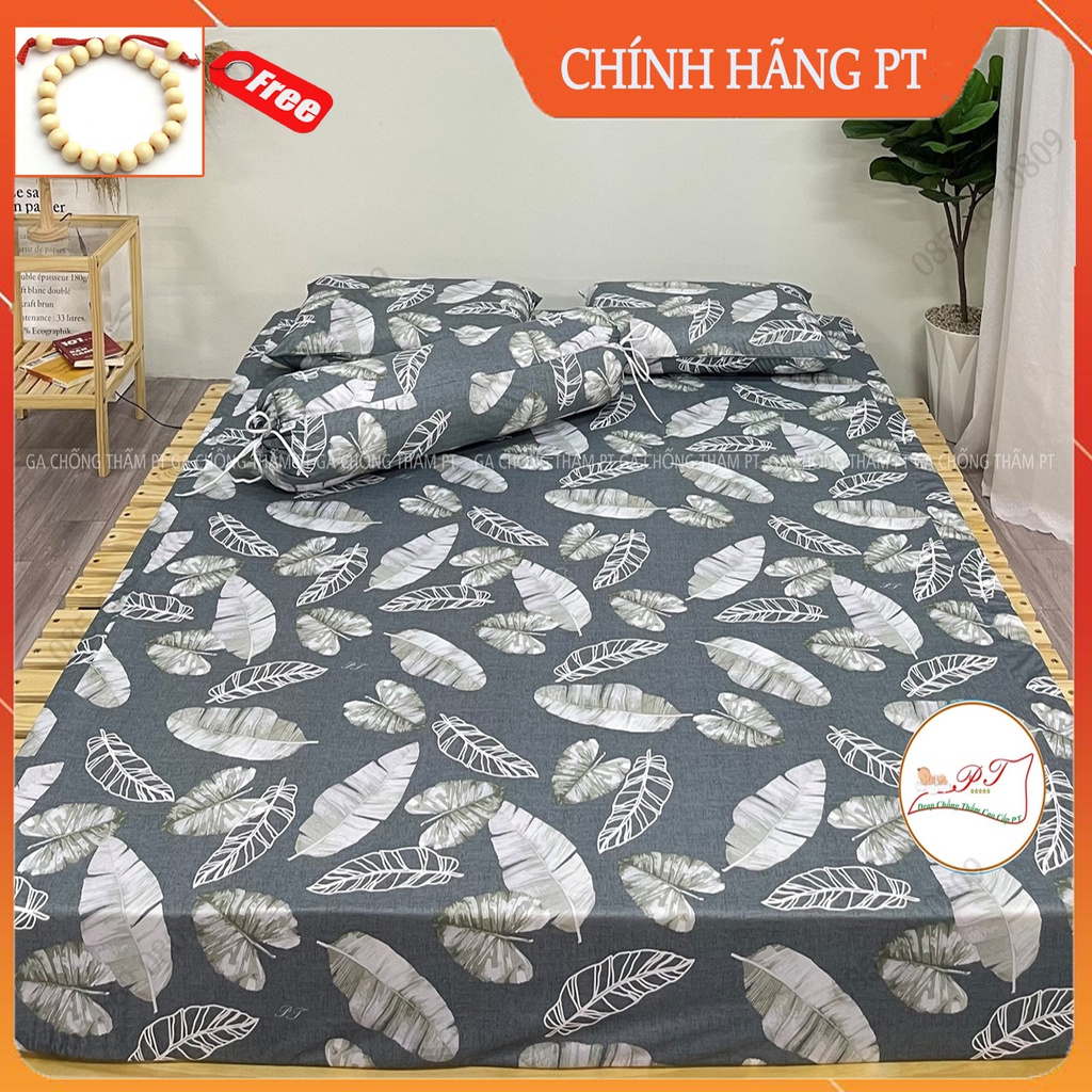 Bộ ga chống thấm thun lụa cao cấp kèm vỏ gối chính hãng PT mềm mịn mát nằm trực tiếp không sột soạt (mẫu lá môn)