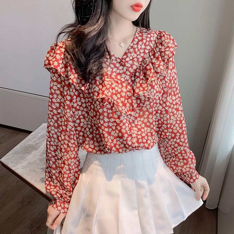 Áo Kiểu Nữ Vải Chiffon Tay Dài Hoạ Tiết Hoa Phong Cách Vintage