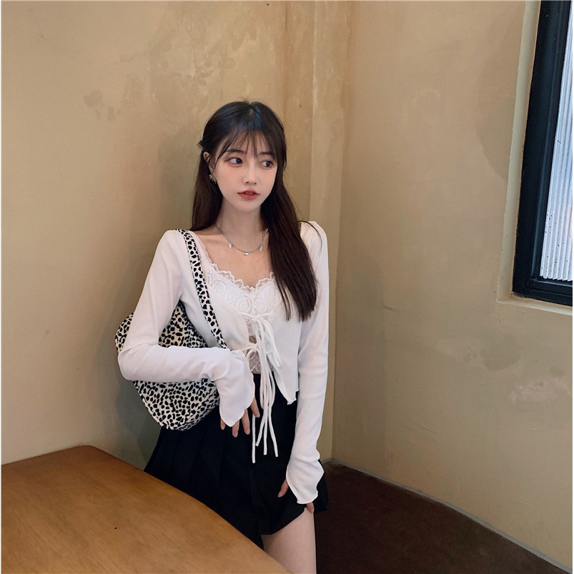 Bộ Áo Croptop Dài Tay Và Áo Ren Hai Dây Xinh Xắn Dành Cho Nữ | BigBuy360 - bigbuy360.vn