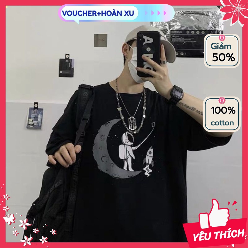 Áo thun unisex nam nữ form rộng tay lỡ, áo phông teen oversize cotton mịn mát Hình mặt trăng phi hành gia