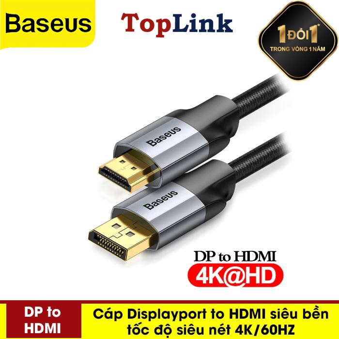 Dây Cáp Displayport To HDMI 4K 60Hz DP To HDMI Cho Laptop Tivi Máy Chiếu Màn Hình Cổng HDMI - Thương Hiệu Baseus