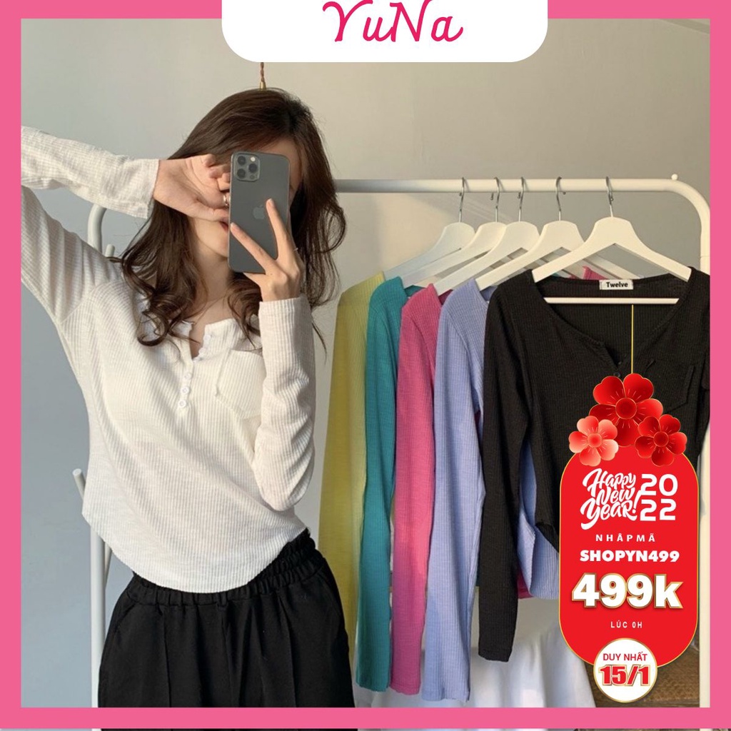 Áo thun tay dài Maika chất liệu thun co dãn bốn chiều có túi ngực ôm body tôn dáng, phụ kiện thời trang Yuna