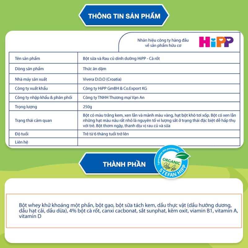 Bột ăn dặm dinh dưỡng Sữa, Ngũ cốc &amp; rau củ - Cà rốt HiPP Organic 250g