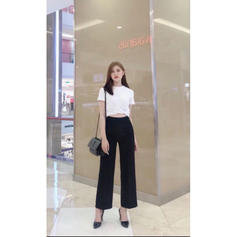 Quần culottes rộng cạp cao khoá trước 2 khuy, có túi hông Quần ống rộng lưng cao dáng dài vải tuyết mưa vitex màu đen