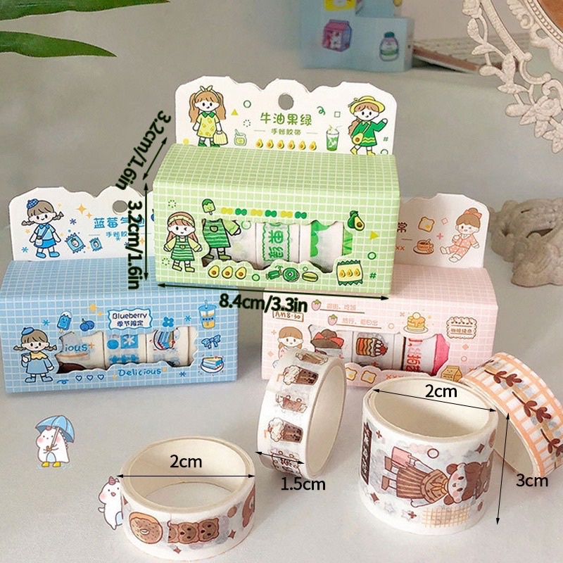 Hộp 4 cuộn băng keo Washi hoạt hình dễ thương dùng trang trí sổ tay