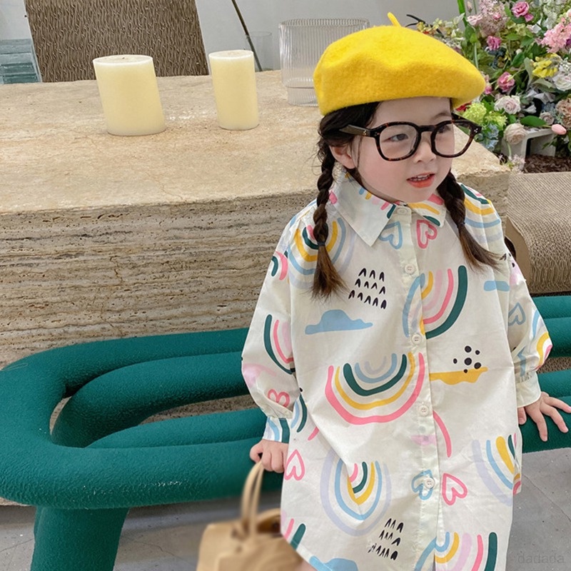 Đầm Tay Dài In Họa Tiết Cầu Vồng Thân Thiện Với Da Thoáng Khí Thời Trang Xuân Thu Cho Bé Gái