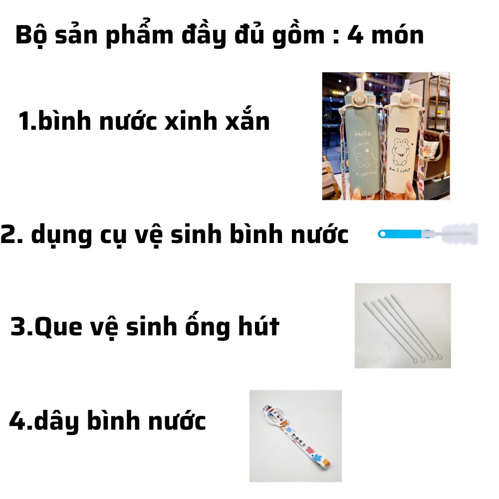 Bình giữ nhiệt INOX 304 dung tích 500ml bình nước giữ nhiệt họa tiết dễ thương có ống hút